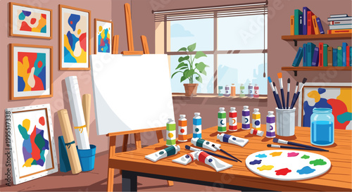 A cluttered artist's studio with an easel