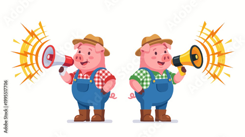 Two cheerful pigs in overalls and hats loudly announce important news via megaphones, spreading excitement and information