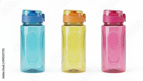 Three colorful plastic water bottles with screw-on lids on a white background