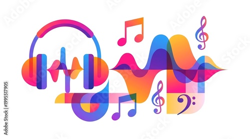 Abstract colorful music background with headphones and musical notes.