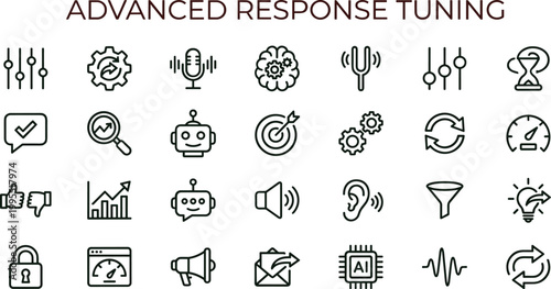Advanced response tuning outline icon set featuring prompt optimization workflow feedback controls vector collection for dashboards interfaces presentations applications platforms