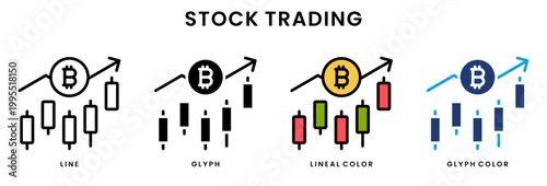 Stock trading and cryptocurrency candlestick chart icon set in line, glyph, lineal color and glyph color styles
