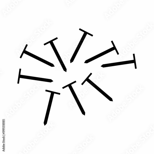 Group of Nine Black Steel Nails Scattered Hardware Fastener Tools.