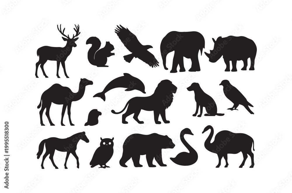 Fototapeta premium Silhouettes of diverse wild animals including mammals and birds