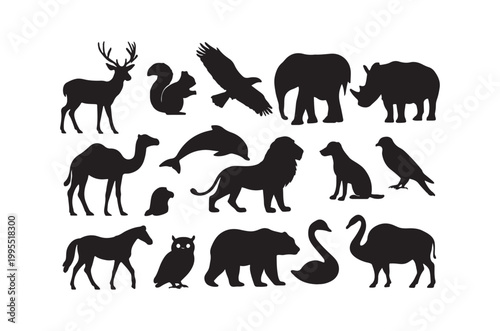 Silhouettes of diverse wild animals including mammals and birds