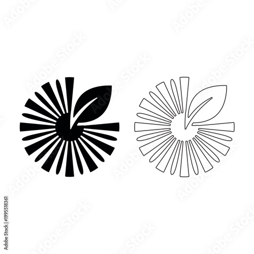 Two circular one solid black, one outline, depicting a stylized sunburst with a leaf keywords
