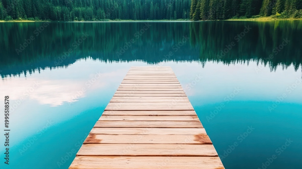 Naklejka premium Wooden pier extending into a tranquil lake reflecting surrounding trees.