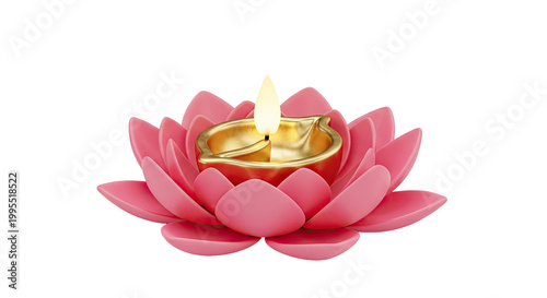 Pink Lotus Flower with Golden Diya Lamp and Flame
