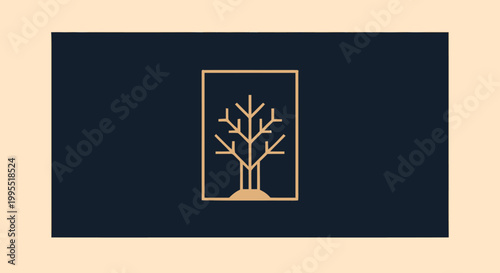 Minimalist Golden Tree Logo Design on Dark Blue Background.
