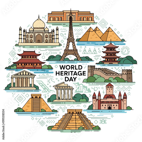 Bild auf Leinwand Colorful illustration of landmarks on World Heritage Day (2)