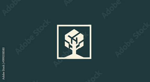 Geometric Tree Logo in a Square Frame on Dark Green Background.