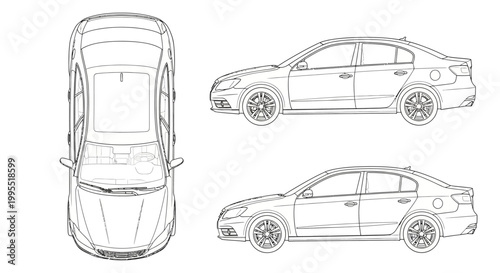 Technical line art illustration displays a sedan car from overhead and side views, set against a clean white background to highlight its design, with a focus on automotive engineering
