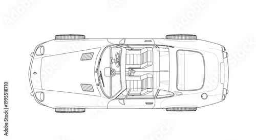 Top-down technical illustration of a classic roadster car with an open door and detailed interior, rendered in a clean, blueprint style against a stark white background, creating a precise