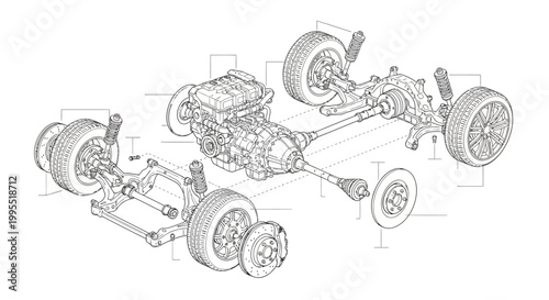 Detailed technical line drawing shows the inner workings of a car chassis, including the engine, suspension, wheels, and drivetrain, presented in a clean, white studio shot with precise