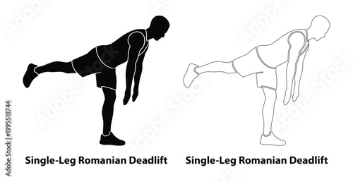 Man Black Silhouette and Outline Set Performing Single-Leg Romanian Deadlift for Hamstring Strength, Balance, and Core Stability Fitness Illustration