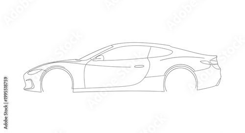A minimalist line drawing depicts a sports car in profile against a clean white background, rendered with thin strokes and precise contours, evoking a sleek and modern aesthetic