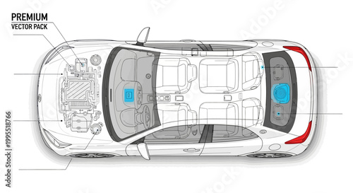 Overhead technical illustration of a car with a white exterior and a detailed internal schematic, rendered in a minimalist style against a clean white background to showcase automotive