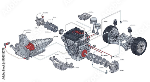 Detailed technical illustration of an exploded view of a car engine and chassis components arranged on a white background, showcasing the mechanical parts with precision and clarity
