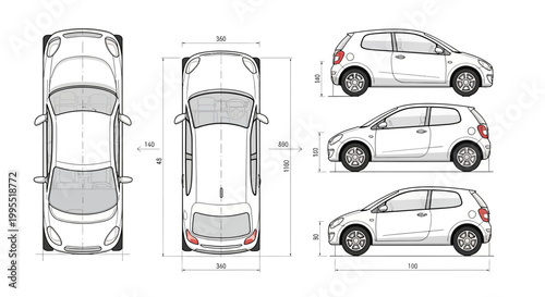 Technical blueprint of a white hatchback car, presented in multiple orthographic views including top, front, and side elevations, with precise dimensions and a clean, technical illustration