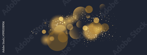 Abstract gold bokeh vector background. Warm golden blurred circles drifting with glitter particles on dark backdrop, symbolizing luxury, magic, festive, and Christmas overlay.
