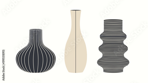 A minimalist composition of three distinct abstract vases, showcasing varied forms and textures in monochrome and neutral colors.
