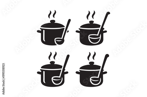 Four black silhouette icons of cooking pots with ladles and steam