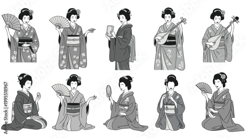 A collection of traditional Japanese geisha illustrations in various poses, showcasing ornate kimonos, fans, and musical instruments, in black and white.