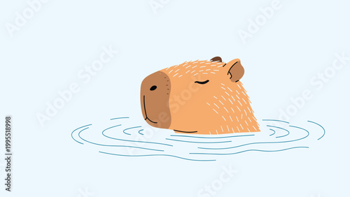 Adorable cartoon illustration of a capybara with closed eyes, peacefully floating in a calm body of water with gentle ripples.