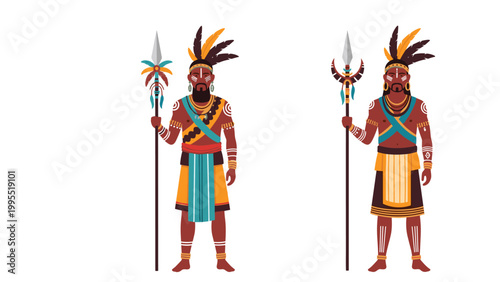 Two illustrations of indigenous tribal warriors, depicted with elaborate traditional attire, feather headdresses, and holding ornate spears.