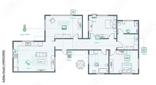 Overhead view of a smart home blueprint displaying the layout of rooms, including the living room, bedrooms, and bathrooms, with light green accents, rendered in a minimalist style
