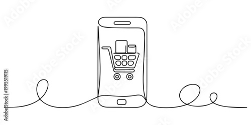 Mobile phone showing shopping cart with packages continuous one line drawing, Illustration of a mobile phone displaying an online store with shopping cart and various icons around it created with gene