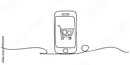 Mobile phone showing shopping cart with packages continuous one line drawing, Illustration of a mobile phone displaying an online store with shopping cart and various icons around it created with gene