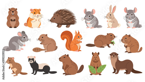 A diverse collection of fifteen cute cartoon rodents and small mammals, including hamsters, hedgehogs, chinchillas, rabbits, beavers, squirrels, ferrets, and otters.