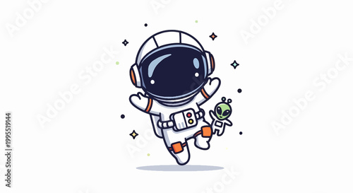 Joyful Astronaut Floating in Space with a Friendly Alien Companion.