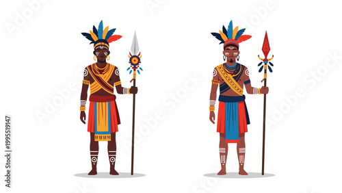 Two distinct illustrations of indigenous tribal warriors, featuring traditional attire, feather headdresses, and holding ornate spears.