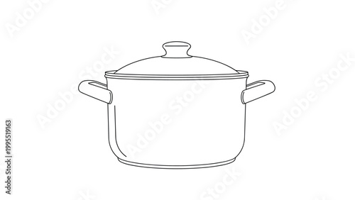 Simple black and white line art drawing of a classic cooking pot, complete with a lid and two handles, ready for the kitchen.