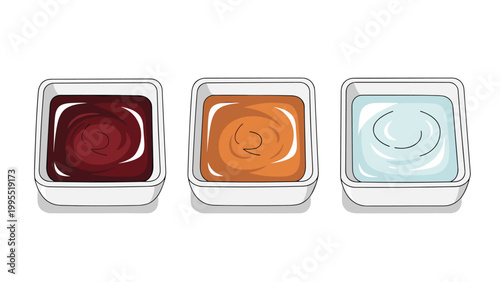 A neat arrangement of three square bowls containing different dipping sauces: a dark brown, a caramel-colored, and a light blue one.