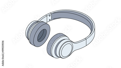 Detailed 3D isometric line art drawing of modern wireless over-ear headphones, rendered in shades of grey, emphasizing sleek design.