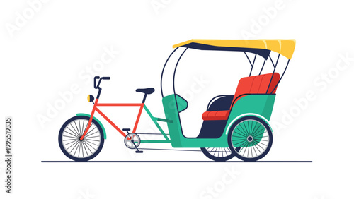 Vibrant illustration of a contemporary pedicab, also known as an auto-rickshaw, featuring a protective canopy and a comfortable passenger seat.