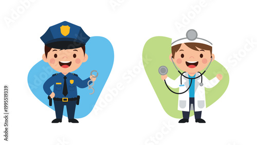 Two cheerful cartoon characters, a police officer holding handcuffs and a doctor with a stethoscope, representing essential professions.