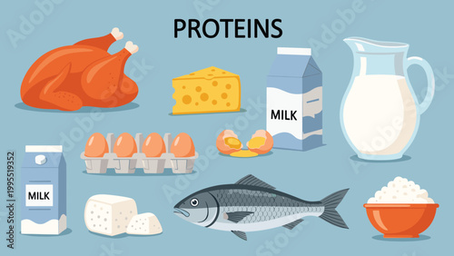 A diverse collection of protein-rich food items, including whole chicken, cheese, milk, eggs, fish, and cottage cheese, presented on a light blue background.