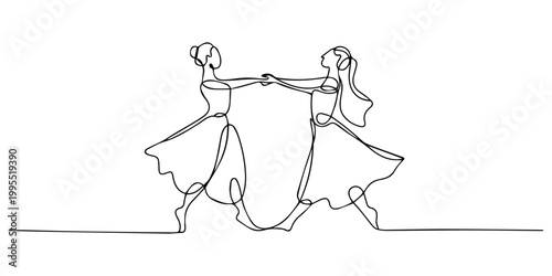 Two women celebrate the Teej festival. Teej one-line drawing, beautiful woman dancing at a Teej festival. Teej one-line drawing, Teej 30th August dancing pro vector minimal style concept. dancing grac