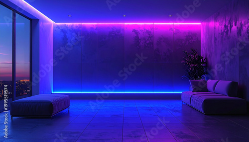 Neon Accents- A dark room with a subtle purple or blue LED light strip.