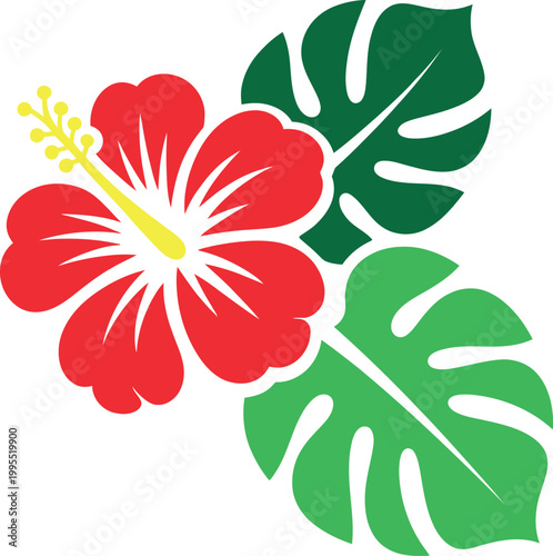 Bright red hibiscus flower with green tropical leaves
