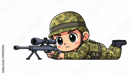 Cute cartoon soldier character in camouflage uniform aiming a sniper rifle, ready for action with a focused expression. Adorable military sniper illustration