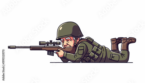 A determined elderly soldier in full military gear lies prone, meticulously aiming a long-range sniper rifle with focused precision, ready for a critical shot
