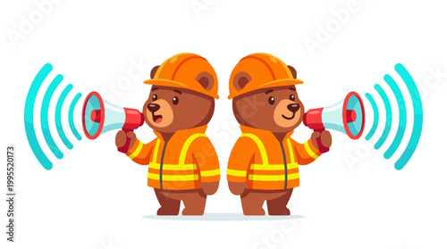 Two cartoon bears in hard hats and safety jackets amplify their voices with megaphones, symbolizing important communication, announcements, and public address