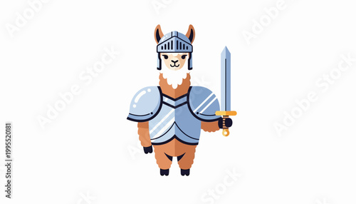 Adorable llama character depicted as a courageous knight in shining armor, holding a mighty sword, prepared for valorous adventures and fantasy quests