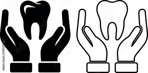 Hands holding up healthy and decayed teeth illustration