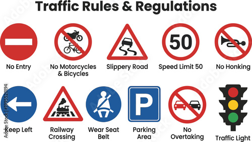 Collection of traffic rules and regulations signs essential safety symbols for road awareness vector illust